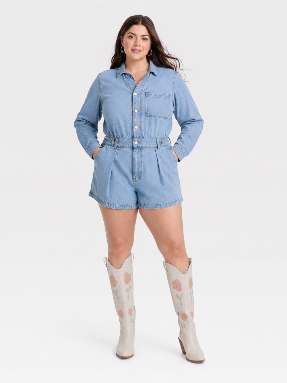 Women's Universal Thread Size 14 Long Sleeve Denim Romper Adjustable Waist